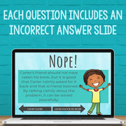 Laptop screen displaying a educational quiz slide with a child character and text on a teal background.