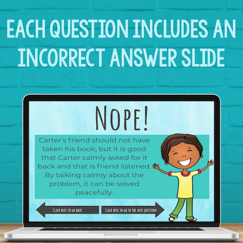 Laptop screen displaying a educational quiz slide with a child character and text on a teal background.