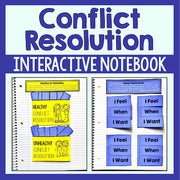 Conflict Resolution Interactive Notebook with colorful pages on a blue background