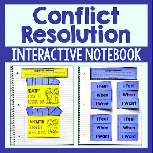 Conflict Resolution Interactive Notebook with colorful pages on a blue background