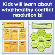 Educational materials on conflict resolution strategies for children, including posters and a chart.