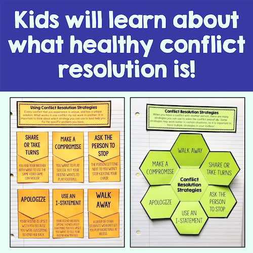 Educational materials on conflict resolution strategies for children, including posters and a chart.