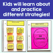 Educational materials for teaching strategies like making an apology and compromising, with text on a blue background.