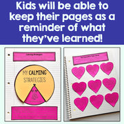 Educational materials with a focus on calming strategies for children, including a pyramid diagram and heart-shaped cards.