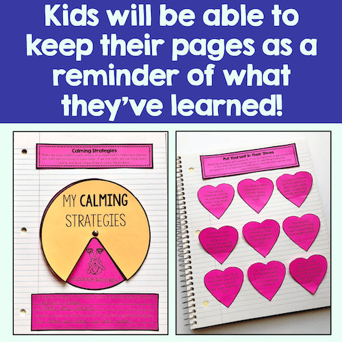 Educational materials with a focus on calming strategies for children, including a pyramid diagram and heart-shaped cards.