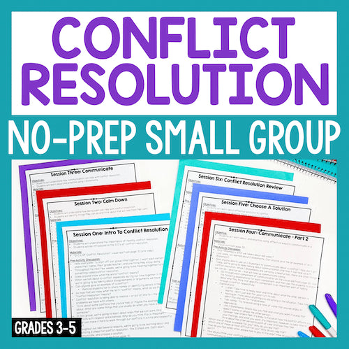 Conflict resolution materials for small groups with colorful headers on a teal background