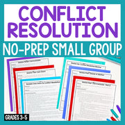 Conflict resolution materials for small groups with colorful headers on a teal background