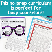 Educational materials with text 'This no-prep curriculum is perfect for busy counselors!' on a blue background.