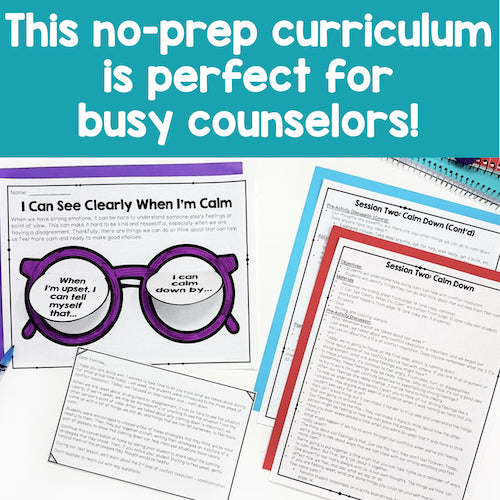 Educational materials with text 'This no-prep curriculum is perfect for busy counselors!' on a blue background.