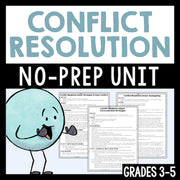 Cover of a conflict resolution no-prep unit for grades 3-5 with a cartoon character and text.