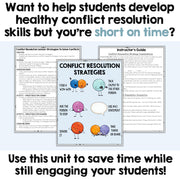 Educational materials on conflict resolution strategies with text overlay.