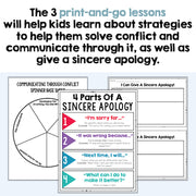 Educational materials for teaching conflict resolution and apologies, including a spinner base sheet and worksheets.