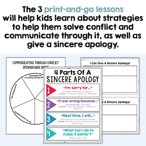 Educational materials for teaching conflict resolution and apologies, including a spinner base sheet and worksheets.