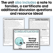 Educational materials on conflict resolution with text and graphics on a white background