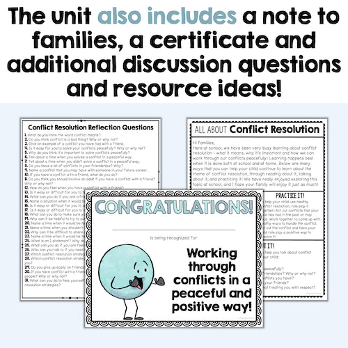 Educational materials on conflict resolution with text and graphics on a white background