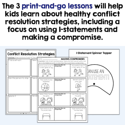 Educational materials on conflict resolution strategies for kids, including illustrations and text.