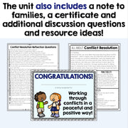 Educational materials on conflict resolution with text and illustrations.