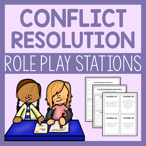 Advertisement for conflict resolution role play stations with cartoon children and worksheets on a purple background.