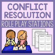 Advertisement for conflict resolution role play stations with cartoon children and worksheets on a purple background.