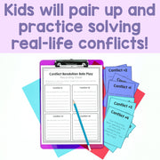 Conflict resolution role play materials with a clipboard and cards on a light purple background