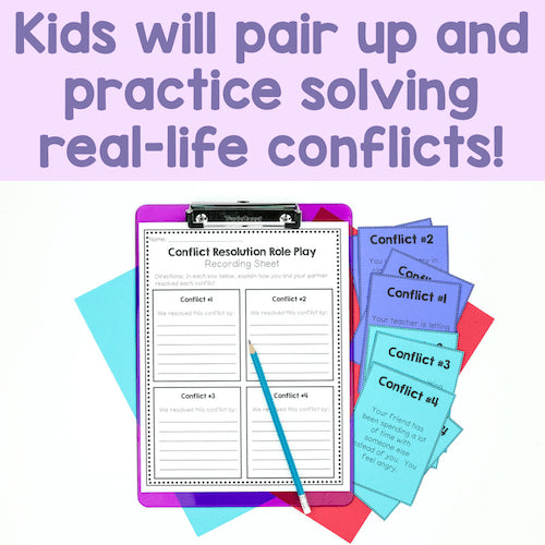 Conflict resolution role play materials with a clipboard and cards on a light purple background