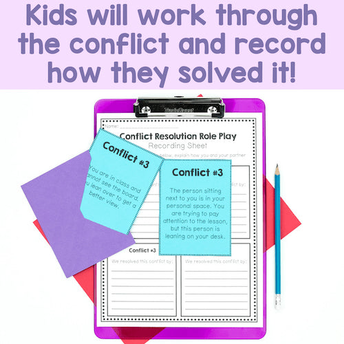Clipboard with conflict resolution role play sheet and colorful notes on a white background
