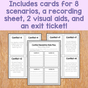 Educational materials including cards for 8 scenarios, a recording sheet, 2 visual aids, and an exit ticket on a wooden surface with a purple background.