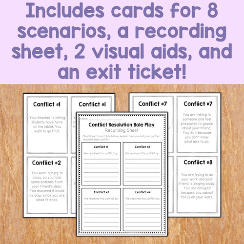 Educational materials including cards for 8 scenarios, a recording sheet, 2 visual aids, and an exit ticket on a wooden surface with a purple background.