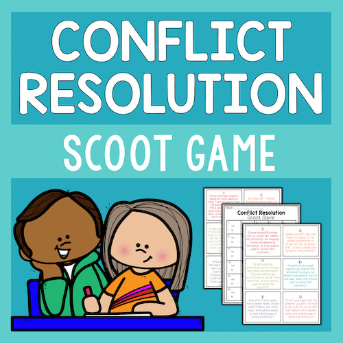 Cover of a 'Conflict Resolution Scoot Game' with cartoon children and papers on a blue background