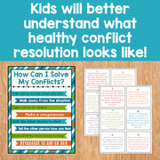 Educational materials on conflict resolution for children with text and illustrations on a wooden surface.