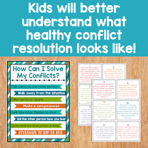 Educational materials on conflict resolution for children with text and illustrations on a wooden surface.