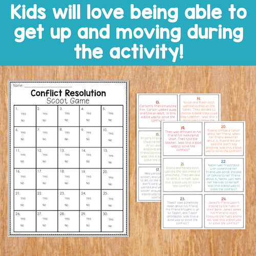 Conflict Resolution Scoot Game on a wooden surface with text about kids loving movement during activities.