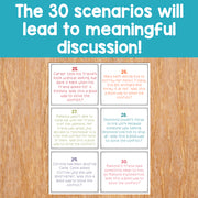 Educational cards with scenarios on a wooden surface and blue background