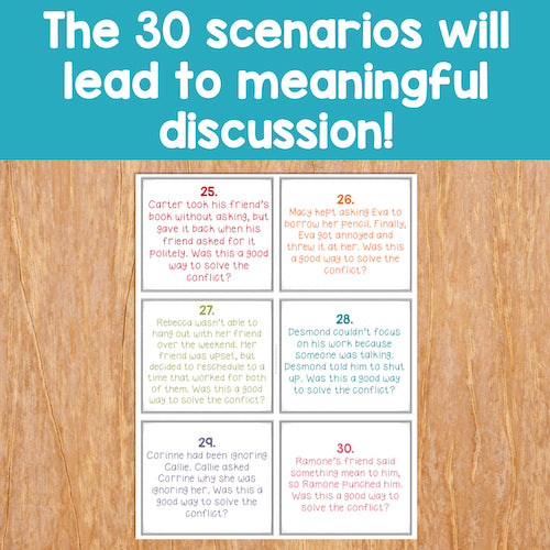 Educational cards with scenarios on a wooden surface and blue background