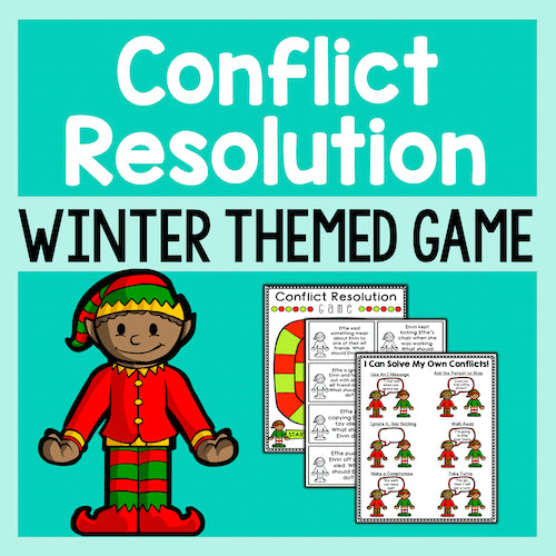 Winter-themed conflict resolution game with elf character and educational materials on a teal background