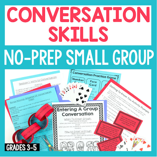 Product packaging for 'Conversation Skills No-Prep Small Group' activities with colorful materials and text on a blue background.
