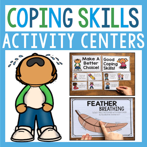 Coping skills activity centers with cartoon character and educational materials on a blue background