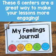 My Feelings Journal with smiley face icons on a wooden surface and blue background