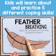 Feather breathing exercise sheet with a hand tracing it on a wooden surface.