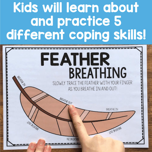 Feather breathing exercise sheet with a hand tracing it on a wooden surface.