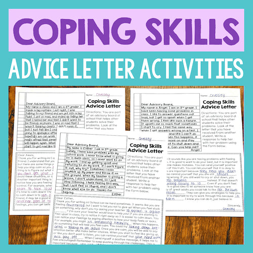 Coping Skills Advice Letter Activities on a wooden surface with a colorful background