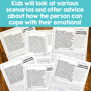Coping Skills Advice Letter sheets on a wooden surface with text overlay.