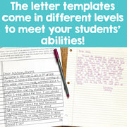 Notebook with letter templates and a pen on a blue background with text about student abilities.