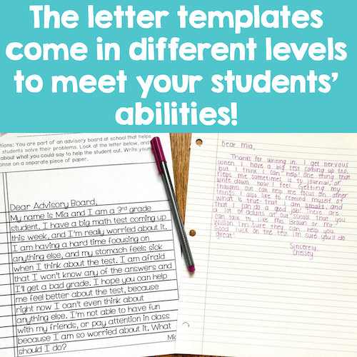 Notebook with letter templates and a pen on a blue background with text about student abilities.