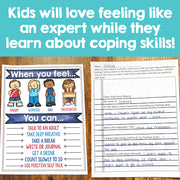 Educational posters on a wooden surface with text about coping skills.