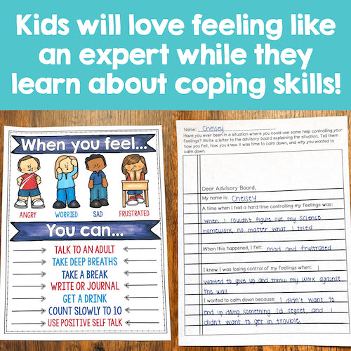 Educational posters on a wooden surface with text about coping skills.