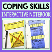 Coping Skills Interactive Notebook with various breathing exercises and skill categories on a purple background.