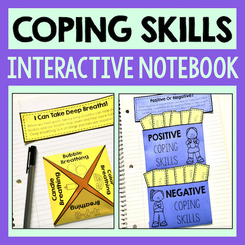 Coping Skills Interactive Notebook with various breathing exercises and skill categories on a purple background.