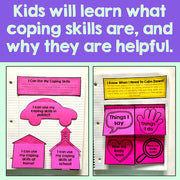 Educational materials on coping skills with colorful cards and text on a purple background.