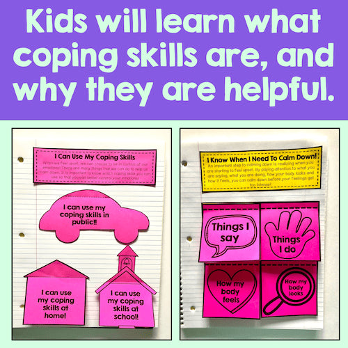 Educational materials on coping skills with colorful cards and text on a purple background.